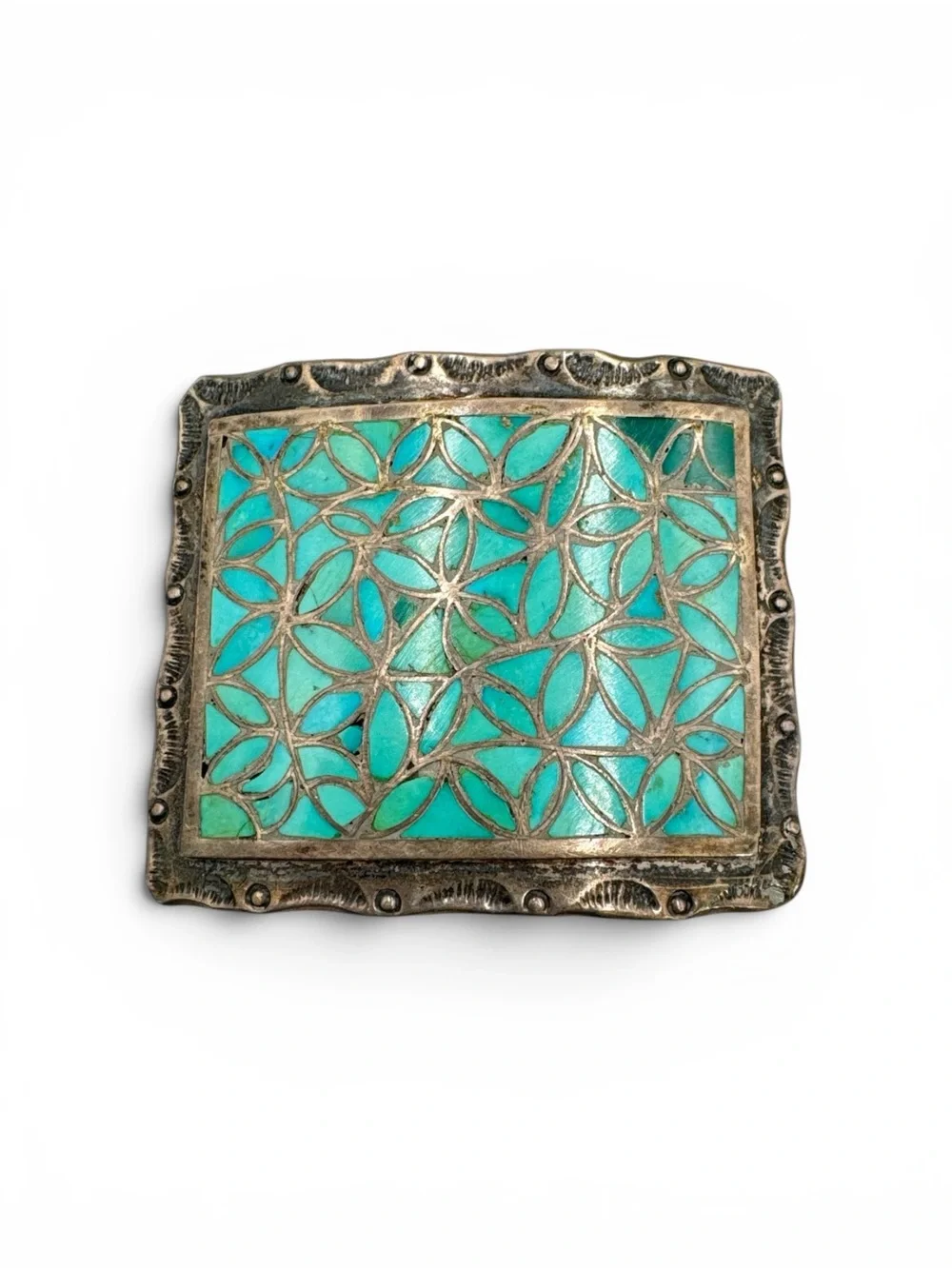 Vintage Sterling Joe & Lola Hechilay Zuni Fish Scale Turquoise Belt Buckle 3” Identifying makers of signed Zuni Sterling Silver Fishscale  main image 2